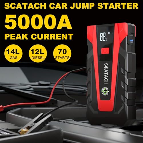 Scatach 5000A Jump Starter, 12V Jump Starter Battery Pack Portable (up to 9.0L Gasoline and 7.0L Diesel Engine), Car Battery Jump Starter Jump Box with LED Light and Jumper Cables - color: ‌dark red