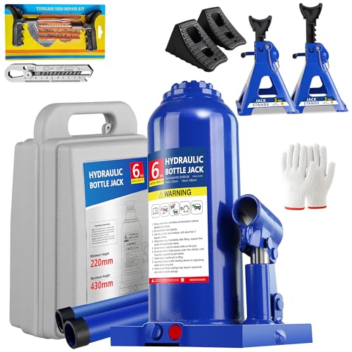 6T Bottle Jack with Tire Kit, Chock & Stands, 12,000 lbs | Jack , stands , chock and tire kit. 8.66"-16.93" lift. Welded steel for trucks & SUVs. - color: 6 Ton with Tire Kit + Wheel Chock + Jack Stands