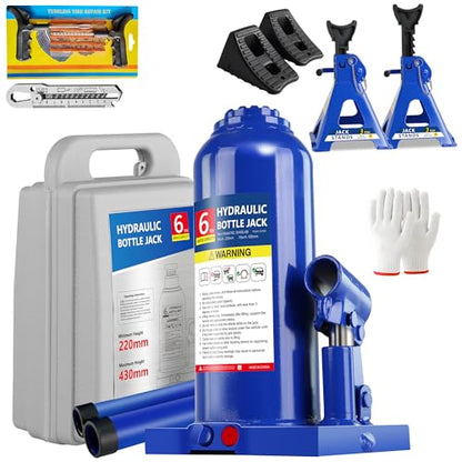 6T Bottle Jack with Tire Kit, Chock & Stands, 12,000 lbs | Jack , stands , chock and tire kit. 8.66"-16.93" lift. Welded steel for trucks & SUVs. - color: 6 Ton with Tire Kit + Wheel Chock + Jack Stands