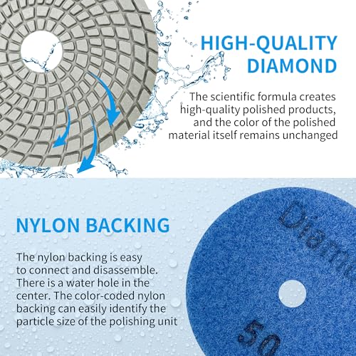 Diamond Polishing Pads Set 7 Inch Tile Wet Dry Polishing Pads Kit | Including 5/8-11 Backer Pad for Drill Grinder Polisher,30-6000 Grit Granite Stone Concrete Marble Polish 12 pcs - size: 7-inch