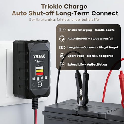 1A Smart Battery Charger for 6V/12V Lead-Acid & 12V Lithium Batteries- Trickle Charger & Desulfator for car Motorcycle Lawn Mower Boat Motorcycle Snowmobile