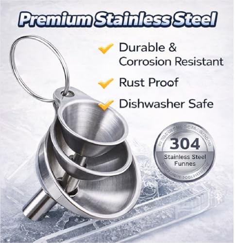 3PCS Kitchen Funnels Set,Stainless Metal Funnel for Filling Bottles - Tiny Small Medium Large for Essential Oils,Spice, Cooking,Powder,Flask，Perfume,Dry Ingredients Powde (Silver)
