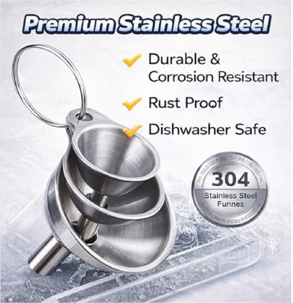 3PCS Kitchen Funnels Set,Stainless Metal Funnel for Filling Bottles - Tiny Small Medium Large for Essential Oils,Spice, Cooking,Powder,Flask，Perfume,Dry Ingredients Powde (Silver)