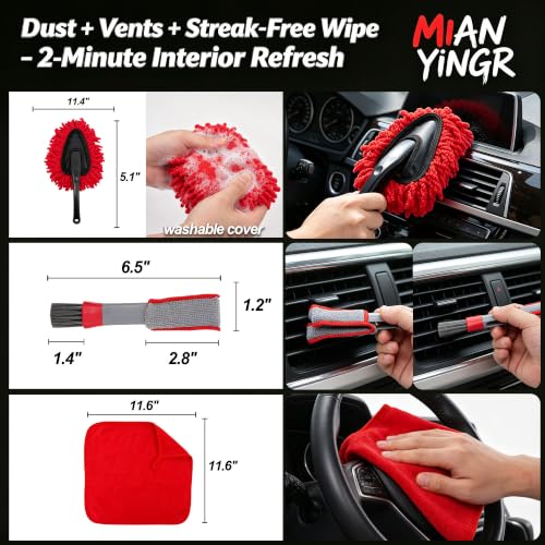 Windshield Cleaner Tool, 17Pcs Red Car Interior Detailing Kit – Stay in Seat, Inside & Out Streak-Free Clean, with Extendable Handle, Cleaning Gels & Brushes for Daily Cleaning, Pet Hair