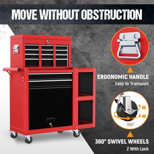 8-Drawer Rolling Tool Chest,3-in-1 Tool Box on Wheels with Lockable Steel Garage, Detachable Top Toolbox & Bottom Storage Cart with Additional Cabinet for Repair Room,Warehouse, 2026 Red - size: Large-Red