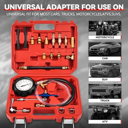 Auto Dynasty Automotive Fuel Pressure Tester Kit Oil Combustion Spray Pressure Gauge Set Compatible with Trucks, Cars and Motorcycles, Red