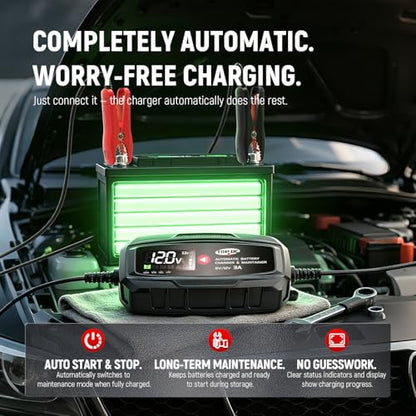 TOPDC 3A 6V/12V Automatic Battery Charger & Maintainer – Smart Trickle Charger for Car, Motorcycle, Boat, Lawn Tractor, RV, ATV – Lead-Acid (AGM/STD/Gel) & LiFePO4 (LFP) – Desulfator & Recondition - size: 3A