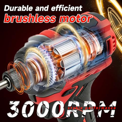 21V Brushless 1/4'' Impact Driver kit,with 2*2.0AH Batteries,300N.m High Torque,4-Speed Adjustable Torque with Memory Function,Variable Speed ＆Brake Stop,LED Light,for Wood Metal Drilling