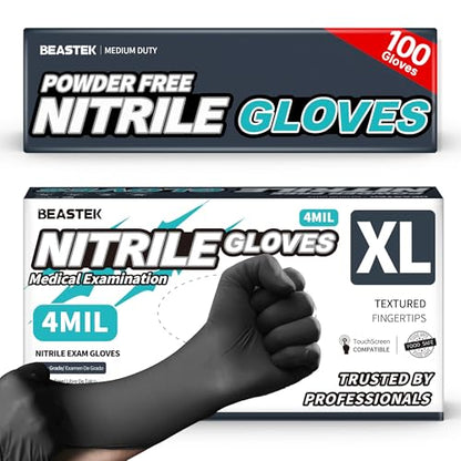 Beastek Nitrile+™ 4 Mil Disposable Exam Gloves, Latex & Powder-Free Medical Food Safe Glove for Cooking Cleaning, Black 100Ct - color: 100 Black (X-large)