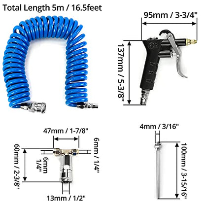 QWORK Air Seat Blow Gun Kit, 16 ft (5m) Coiled Air Hose, Fits OD 1/4 in (6mm) Air Hose, Quick Connect Air Duster Gun with 2 Interchangeable Nozzle Tips for Truck & Shop Cleaning - size: 1pcs