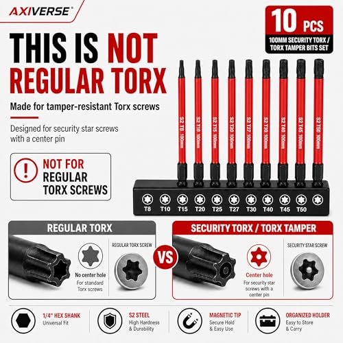 10PCS Security Torx Bit Set TT6-TT40, 4-Inch for Impact Drivers | TT6-TT40 Tamper-Resistant Star Bits, 4 in Long, Magnetic Tips, 1/4 in Hex Shank, Impact-Ready Alloy Steel, Clear Case - size: 4 in