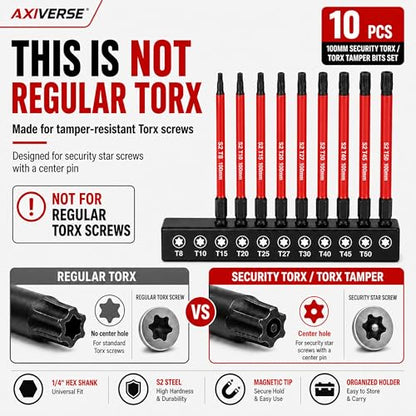 10PCS Security Torx Bit Set TT6-TT40, 4-Inch for Impact Drivers | TT6-TT40 Tamper-Resistant Star Bits, 4 in Long, Magnetic Tips, 1/4 in Hex Shank, Impact-Ready Alloy Steel, Clear Case - size: 4 in