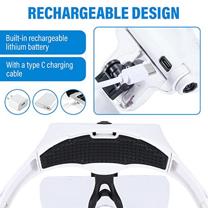 YOCTOSUN Magnifying Glasses with 4 LED Lights, Headband Magnifier with 5 Detachable Lenses 1X, 1.5X, 2X, 2.5X 3.5X -Rechargeable Hands Free Lighted Head Magnifier Glass for Crafts, Cross Stitch, Hobby - color: White