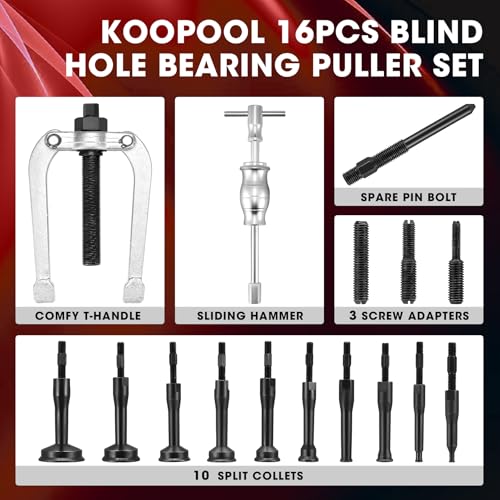 KOOPOOL Slide Hammer Pilot Insert for Effortless Inner Internal Bearing Removal Tool Set, 16-Piece Blind Hole Collet Bearing Race & Seal Puller Extractor Kit (Red) - color: Red