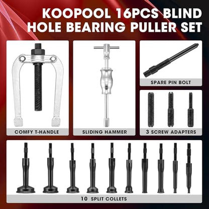 KOOPOOL 16Pc Blind Hole Bearing Puller Kit – Slide Hammer, Collet Set (Red) | 16-pcs blind hole bearing and seal puller set with slide hammer and collet inserts. Removes inner bearings effortlessly - color: Red