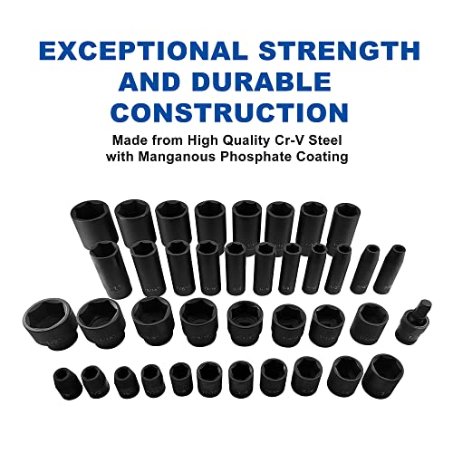 MacWork 39PCS 1/2-Inch Drive Impact Socket Set, CR-V Steel Standard & Deep Socket, SAE, 3/8" to 1-1/2", Universal Joint of 1/2", 6-Point Hex Radius Corner Design