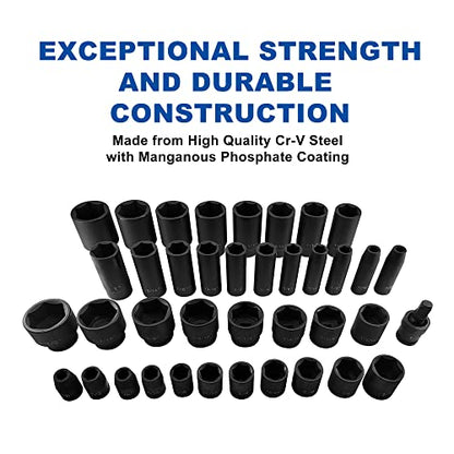 MacWork 39PCS 1/2-Inch Drive Impact Socket Set, CR-V Steel Standard & Deep Socket, SAE, 3/8" to 1-1/2", Universal Joint of 1/2", 6-Point Hex Radius Corner Design