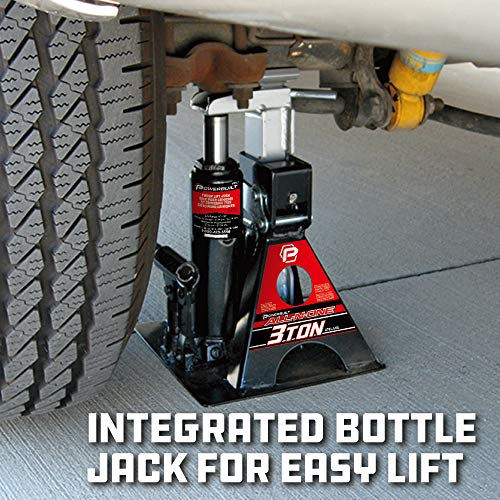 POWERBUILT 3 Ton All-in-One Hydraulic Bottle Jack and Jackstand in One, Compact, Wide Base, 11-21 Inch Range, Eliminates Jackstands, for Trucks, SUVs, RVs, Trailers, ASME, Not for Sedans - 640912 - color: Black