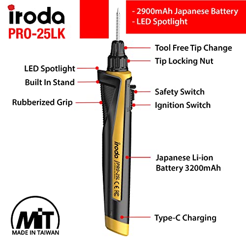 Iroda SolderPro 25LK Battery Soldering Iron Kit, Pro Grade 30W Type C USB Rechargeable Soldering Iron | 3200mAh Japanese Battery | LED Spotlight, With 3 Tips & Case