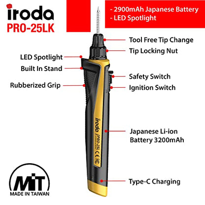 Iroda SolderPro 25LK Battery Soldering Iron Kit, Pro Grade 30W Type C USB Rechargeable Soldering Iron | 3200mAh Japanese Battery | LED Spotlight, With 3 Tips & Case