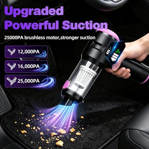 Wansimoo Handheld Car Vacuum Cleaner,25000PA Strong Cyclonic Suction Mini Vacuum Portable Cordless with Digital Display and One Touch Dust Removal for Car, Home, Office, Kitchen (Purple)