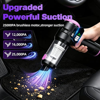 Wansimoo Handheld Car Vacuum Cleaner,25000PA Strong Cyclonic Suction Mini Vacuum Portable Cordless with Digital Display and One Touch Dust Removal for Car, Home, Office, Kitchen (Purple)