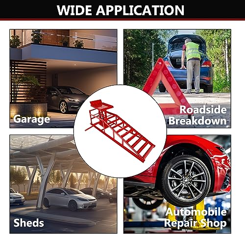 2-Pack 5 Ton Low Profile Hydraulic Car Ramps with Built-in Jack, Adjustable Vehicle Lift Service Ramps, 9.8" to 15" Height Range, Heavy Duty Steel Ramps for Oil Changes, SUVs & Light Trucks - color: Red