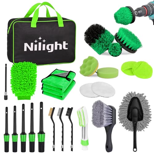 Nilight 27PCS Car Detailing Kit Auto Cleaning Tools Wash Set with Storage Carry Bag Home Use for Interior Exterior Deep Clean Polish Car Care Windshield Dashboard Seat Air Vents Wheels Tires, Green - color: 27PCS Set, Green