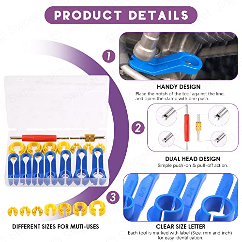 Swpeet 16Pcs Car Fuel Line Disconnect Removal Tool with Valve Core Remover Tool Kit, 1/4 5/16 3/8 1/2 5/8 3/4 7/8 Inch Air Conditioning Quick Disconnect Release Tool Kit Pipe for Auto Repair Tools