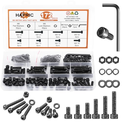 172 Pcs M6 Screws Assortment Kit, M6x 8/10/12/16/20/25/30/35mm M6 Bolts Kit 12.9 Alloy Steel Nuts and Bolts Assortment Kit Black Zinc Plated Hex Socket Head Screws Nuts Bolts and Washers Set - color: Black, size: M6x8mm-35mm 172Pcs