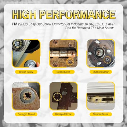 22PCS Screw Extractor Set, HSS 6542 Titanium Easy Out Kit for Removing Broken Bolts, Rusted Screws & Stripped Nuts, Heavy Duty Drill Compatible Damaged Screw Remover - size: 22 Pieces