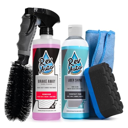 Rev Auto Complete Wheel and Tire Cleaner Kit - Removes Brake Dust & Adds Shine to Tires | Safe for OEM & Aftermarket | Includes Rim Cleaner, Detail Brush, Tire Shine, Applicator Pad, Towel (5-Piece)
