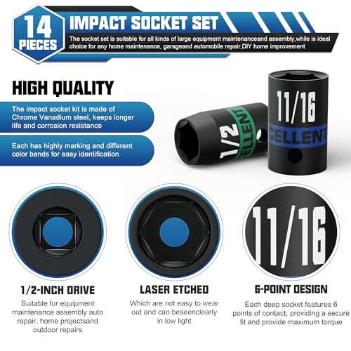 14 Pieces 1/2-Inch Drive Impact Socket Set, 3/8" to 1-1/4" Shallow Socket, 6 Point SAE Sockets for Automotive Repair, Equipment Maintenance - size: 1/2 Inch SAE