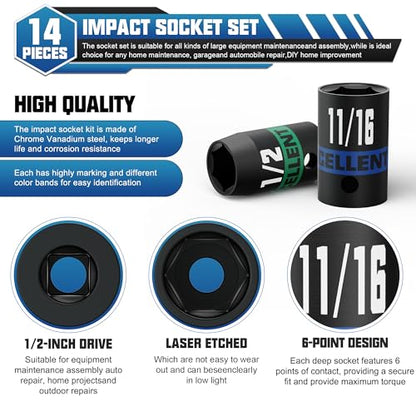 14 Pieces 1/2-Inch Drive Impact Socket Set, 3/8" to 1-1/4" Shallow Socket, 6 Point SAE Sockets for Automotive Repair, Equipment Maintenance - size: 1/2 Inch SAE