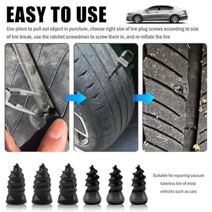 29PCS Tire Plug Kit,Self-Service Tire Repair Rubber Nail Kit Includes Ratchet Screwdriver,Pliers,Screw in Tires Plugs,Universal Tires Repair Kits for Quick Puncture Repairs