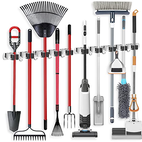 IMILLET 2 Pack Wall Mount Broom Holder Stainless Steel 5 Racks with 4 Hooks Broom Organizer Self Adhesive Heavy Duty Laundry Room, Garage Organization Storage - color: 5 Racks with 4 Hooks, size: 2 Pack