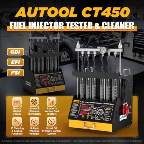 AUTOOL CT450 Fuel Injector Tester & Cleaner, 6-Cylinder Ultrasonic Injector Cleaning Machine with Heating, GDI EFI FSI Compatible, 3 Cleaning Modes & 10 Test Functions, 12V/70V/120V Output