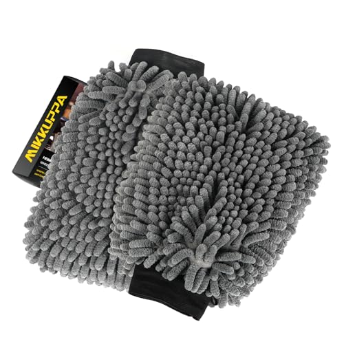 MIKKUPPA Car Wash Mitt Microfiber - Double-Sided Chenille Scratch Free Mitt with Waterproof Inner for Car Washing Home Cleaning (Gray, 2Pack, 10'' x 7'') - color: Gray