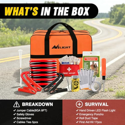 Nilight Car Emergency Kit with Jumper Cable, First Aid Kit Safety Assistance Tools for Travel Camping Outdoor Cars Truck SUV RV, Roadside Essentials with Flash Light - color: Essential Kit+Flash Light