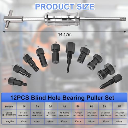 12pcs Blind Hole Bearing Puller Set, Slide Hammer Bearing Puller Set with Expandable Collets 8-32mm, High Strength Pilot Inner Removal Tool for Automotive and Motorcycle Wheel Bearings
