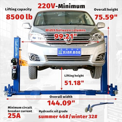 XK Mobile 2 Post Car Lift 8500 lb Portable Base 220V with Wheels 8500 | Auto Lift Bilateral Unlocking,Adjustable 2-Section Arms Design for Trucks, SUVs, Vehicles Home Garage and Shop Repair