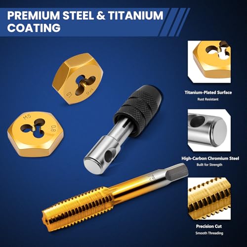 86-Piece Titanium-Coated Tap and Die Set – Professional Threading Tool Kit in SAE & Metric Sizes, HSS Thread Cutting & Rethreading Set for Automotive, Metalwork, Machinery, Plumbing & Repair Projects - size: 86 Pcs Professional Metric&SAE