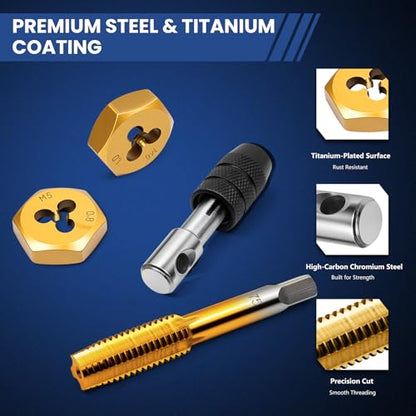 86-Piece Titanium-Coated Tap and Die Set – Professional Threading Tool Kit in SAE & Metric Sizes, HSS Thread Cutting & Rethreading Set for Automotive, Metalwork, Machinery, Plumbing & Repair Projects - size: 86 Pcs Professional Metric&SAE