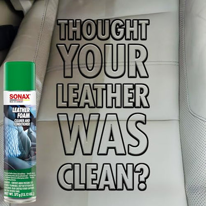 SONAX Leather Foam 289300 | 2 in 1 Aerosol Leather Cleaner and Conditioner | Safe to Use on Perforated Air Conditioned/Heated Seats | UV Protection Prevents UV Damage | 13.02 oz