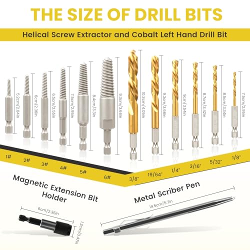 14-Pieces Screw Extractor and Left-Hand Drill Bit Set, Easy Out Broken Bolt Remover Reverse Cobalt HSS Steel Drill Kit, Ez Out Stripped, Rounded-Off, Damaged Bolts, Screws&Studs Removal Tool(Yellow)