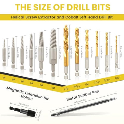 14-Pieces Screw Extractor and Left-Hand Drill Bit Set, Easy Out Broken Bolt Remover Reverse Cobalt HSS Steel Drill Kit, Ez Out Stripped, Rounded-Off, Damaged Bolts, Screws&Studs Removal Tool(Yellow)