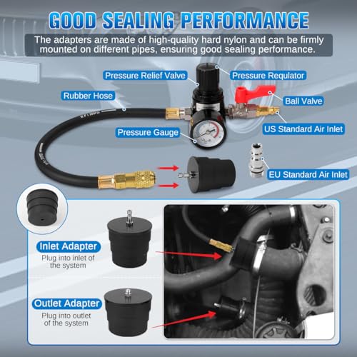 Turbo Boost Leak Tester Kit 10PC Boost Leak Tester Automotive Well-sealed Turbo/Emission/Cooling System Pressure Leakage Tester with 4 Pairs of Stepped Adapters 1-3/8" to 3-1/2", US & EU Air Fitting - style: 10PCS