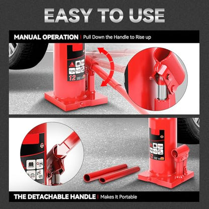 Auto Dynasty 12 Ton Hydraulic Bottle Jack, Automotive Welded Bottle Jack for Car, Pickup Truck, RV, Auto Repair, 9" to 18" Lifting Range (Red) - color: Red, size: 12 Ton