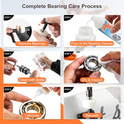Skate Bearing Cleaning Kit – Portable Complete Bearing Maintenance System with Cleaning Bottle, 200ml Cleaner, 100ml Lubricant Oil, Bearing Press Puller & T Tool for Skateboard & Roller Skates