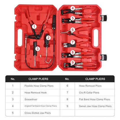 9PCS Hose Clamp Pliers for Fuel Oil and Water Hoses, Long Reach Hose Clamp Remover Kit with Flexible Wire Clic R Type Swivel Jaw Flat Band Pliers Set